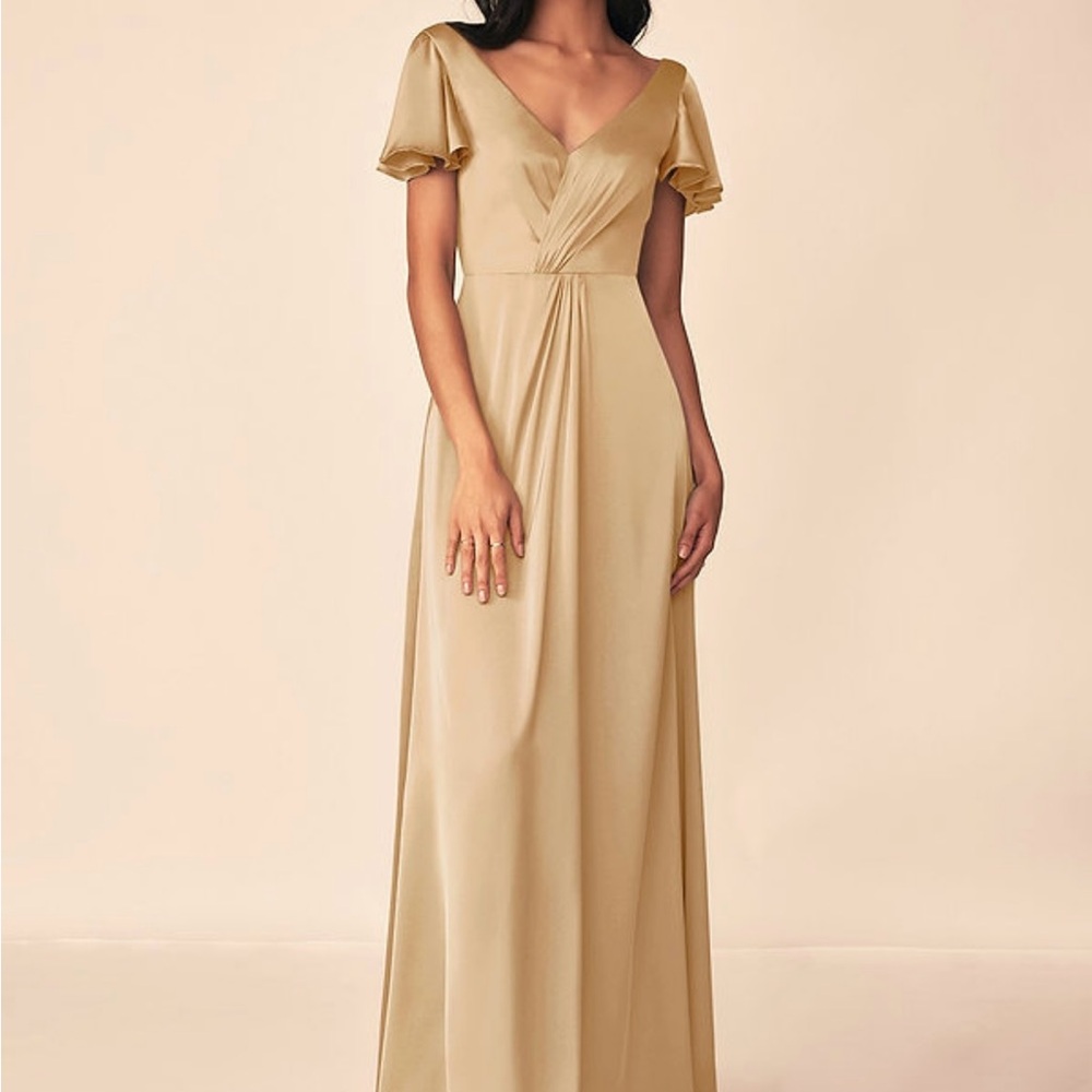 Azazie Cream Tan Puff Sleeve V-Neck Maxi Gown